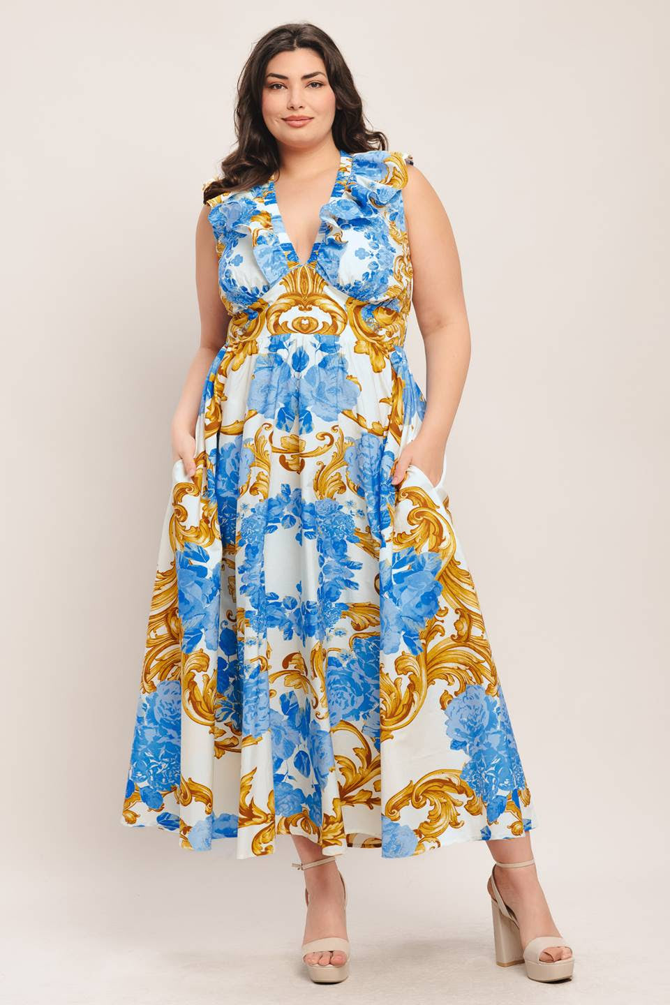 Hazel - Blue Gold Midi Dress