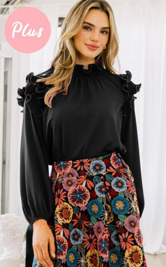 Leilani - Black Ruffle High Neckline Blouse