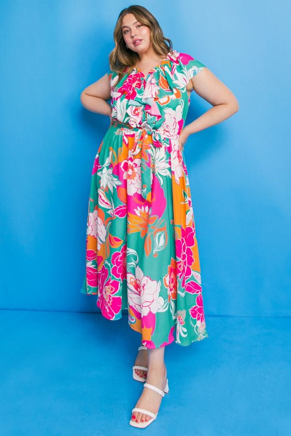 Sasha - Teal Orange Floral Dress
