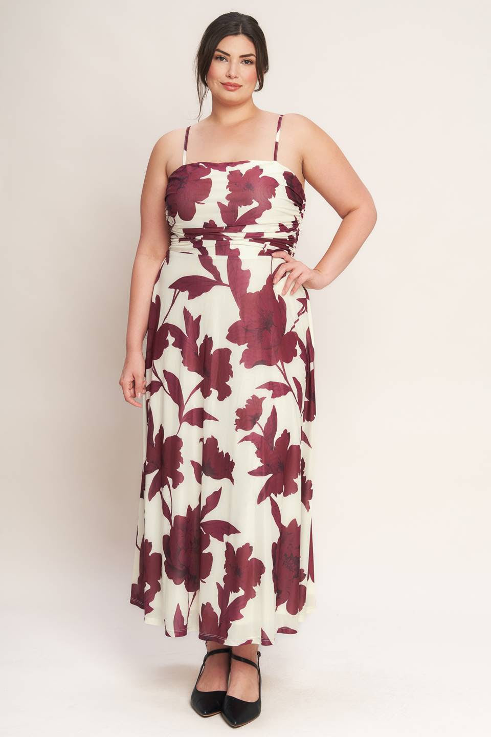 Rosela - Ivory Burgundy Midi Dress